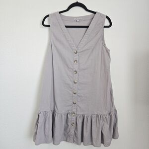 Wishlist Apparel Linen Blend Button Front Ruffle Sleeveless BohoDress Gray Small